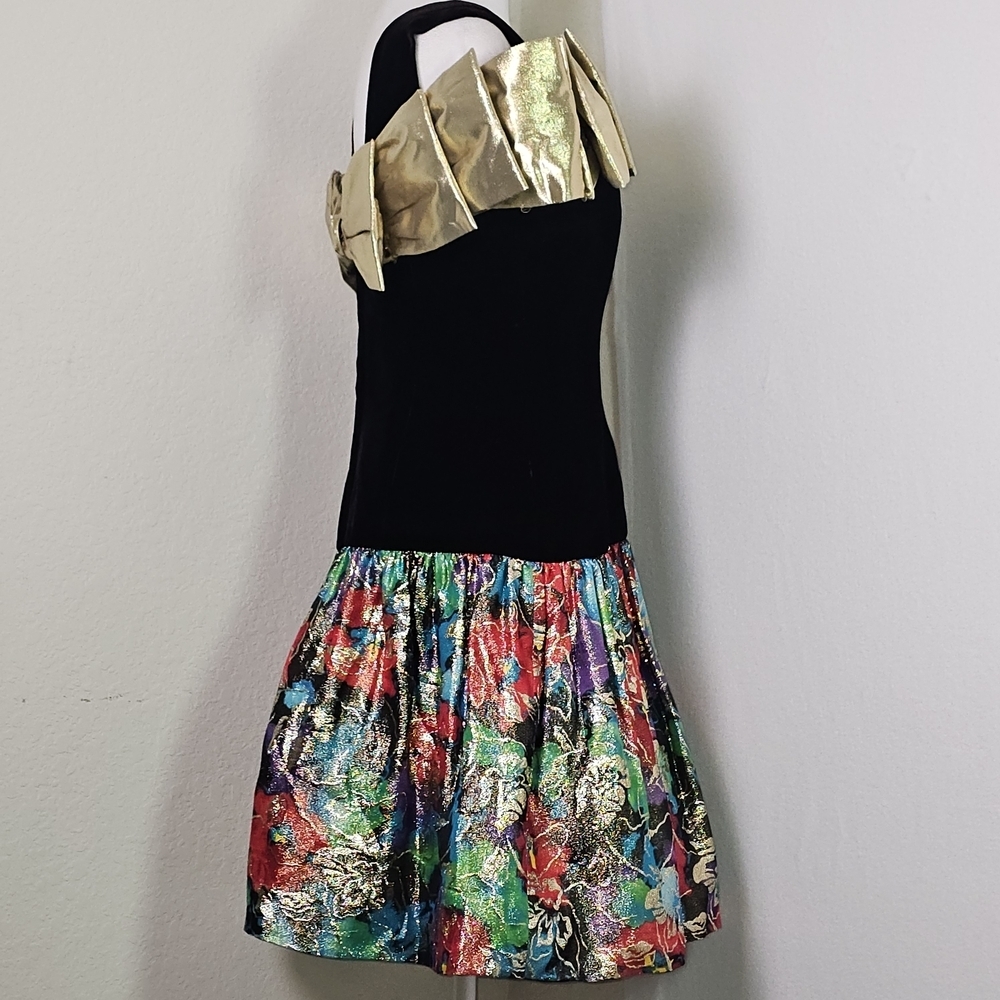 Vintage Morton Myles Saks Velvet Gold Bow Metallic Floral Cocktail Dress Sz S - Picture 3 of 15